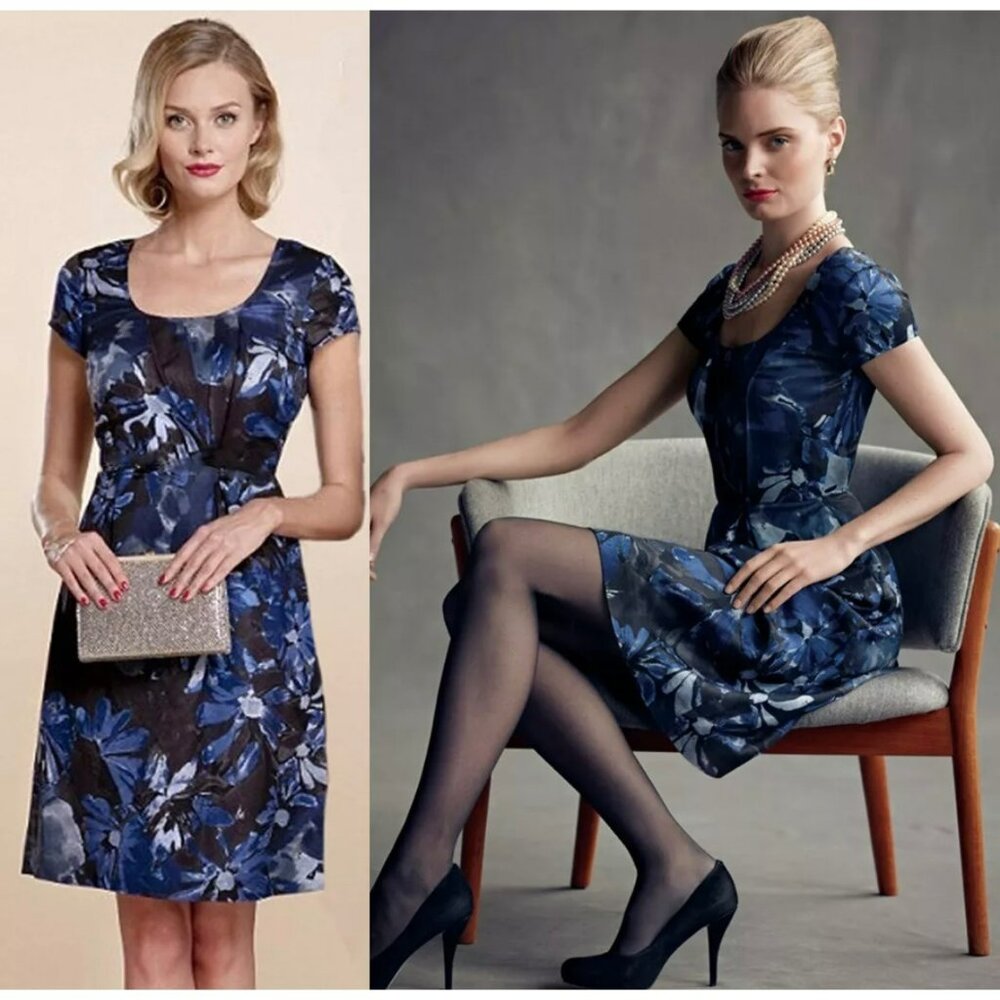 Banana Republic x Mad Men Begonia Dress Women 6 Blue Black Linen Blend Knee Work